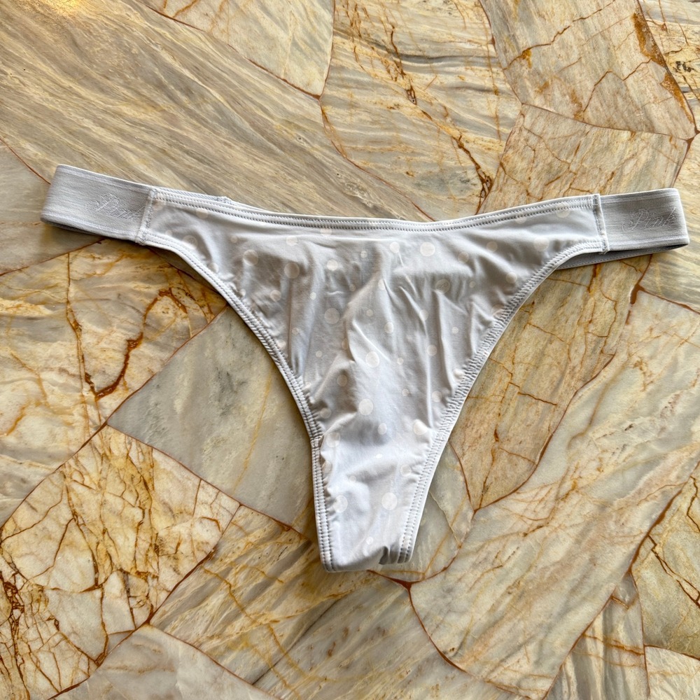 PINK Victoria's Secret Polka Dot Thong Underwear Light Gray Size M